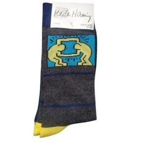 KEITH HARING 1 Pair Multi-Colored Men's Sock Size 10 - 13 Gray Yellow Blue Green